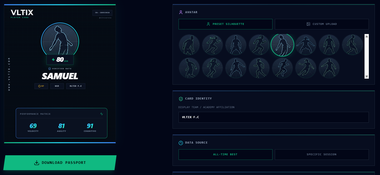 The Player Card builder, with a card showing a demo player’s best results