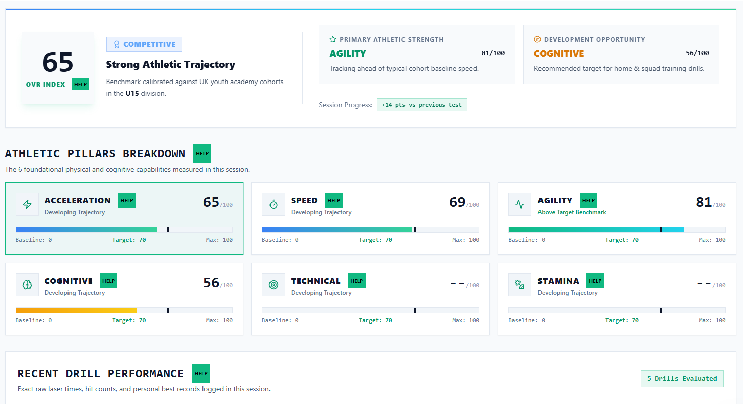 The player dashboard overview showing an overall score, progress and a focus area